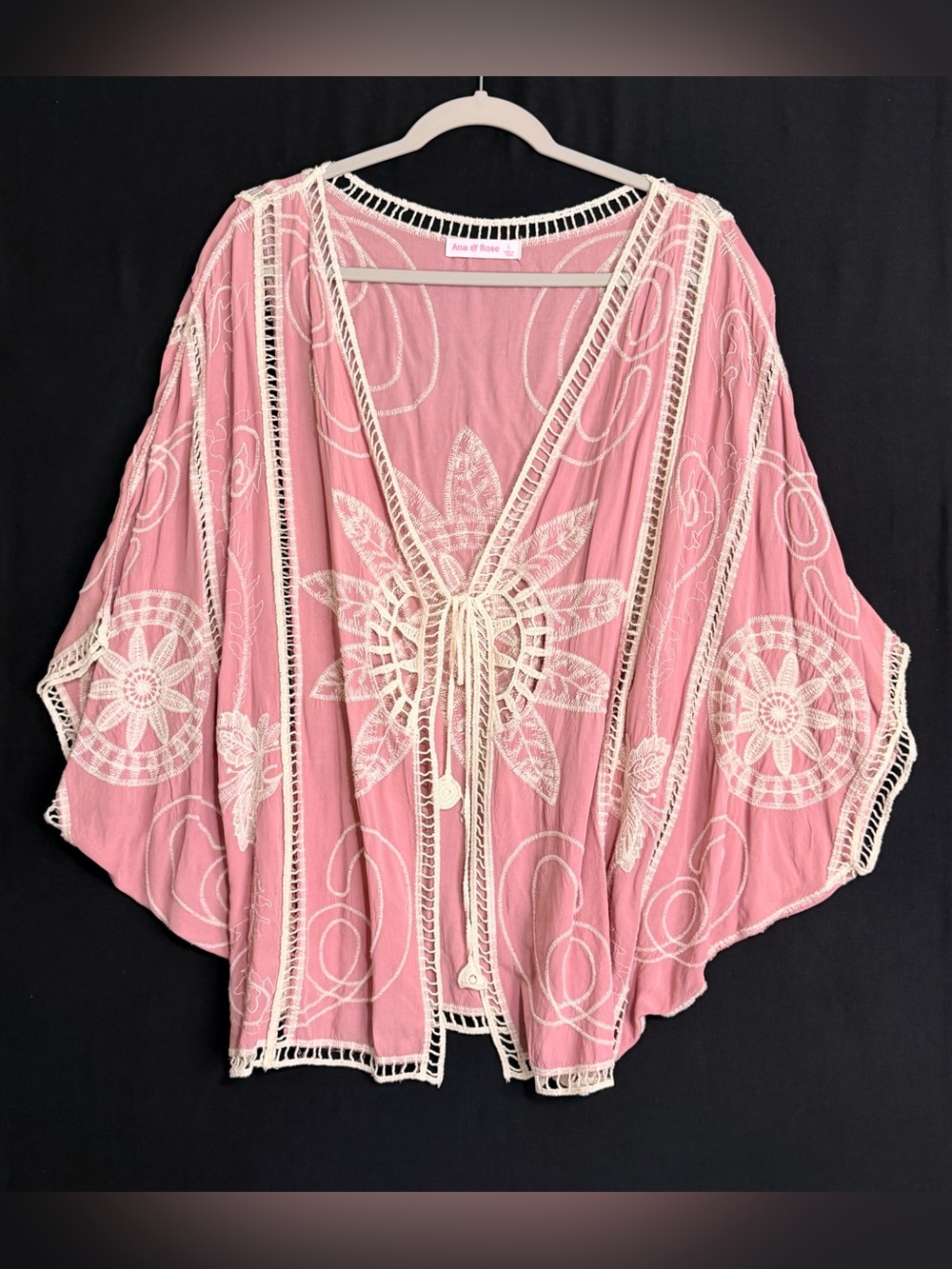 Anna & Rose mauve Pink Embroidered Cream Crochet Kimono floral ole knit boho